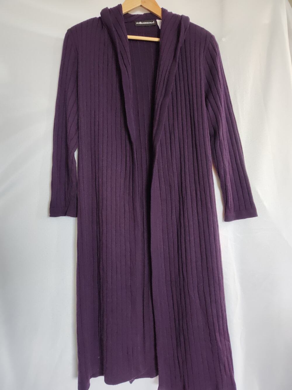 Sag Harbor Dress Purple Ribbed Knit Duster Cardigan Hooded Maxi Sweater Size M